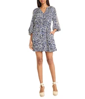 The Good Journey V-Neck 3/4 Sleeve Tie Waist Printed Challis Shift Dress