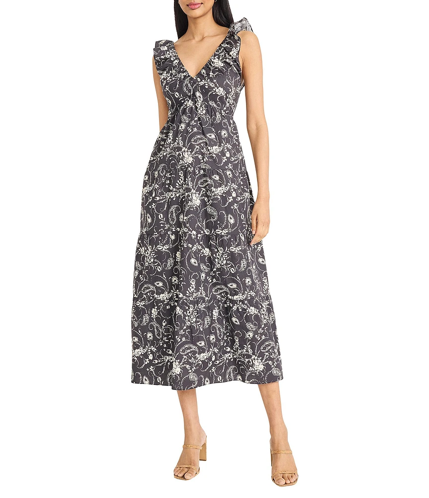 The Good Journey V-Neck Ruffle Shoulder Printed Cotton Poplin A-Line Midi Dress