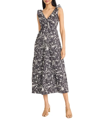 The Good Journey V-Neck Ruffle Shoulder Printed Cotton Poplin A-Line Midi Dress