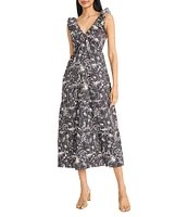 The Good Journey V-Neck Ruffle Shoulder Printed Cotton Poplin A-Line Midi Dress