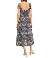 The Good Journey V-Neck Ruffle Shoulder Printed Cotton Poplin A-Line Midi Dress