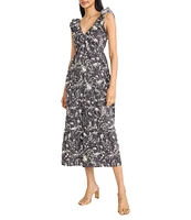 The Good Journey V-Neck Ruffle Shoulder Printed Cotton Poplin A-Line Midi Dress