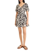 The Good Journey V-Neck Short Puff Sleeve Crepe De Chine Abstract Animal Tiered Fit & Flare Dress