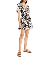 The Good Journey V-Neck Short Puff Sleeve Crepe De Chine Abstract Animal Tiered Fit & Flare Dress