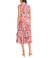 The Good Journey V-Neck Sleeveless Printed Gauze Tiered Ruffle Midi Dress