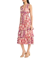 The Good Journey V-Neck Sleeveless Printed Gauze Tiered Ruffle Midi Dress