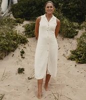 The Normal Brand Leukos Linen-Blend Collared Lapel Sleeveless Button Front Midi Shirt Dress