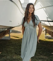 The Normal Brand V Neckline Short Sleeve Button Front Midi Dress