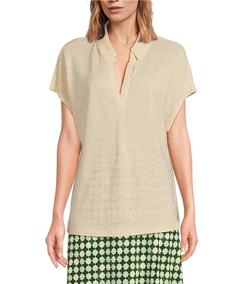 TILLEY Lightweight Linen Johnny Collar Split Neck Cap Sleeve Top