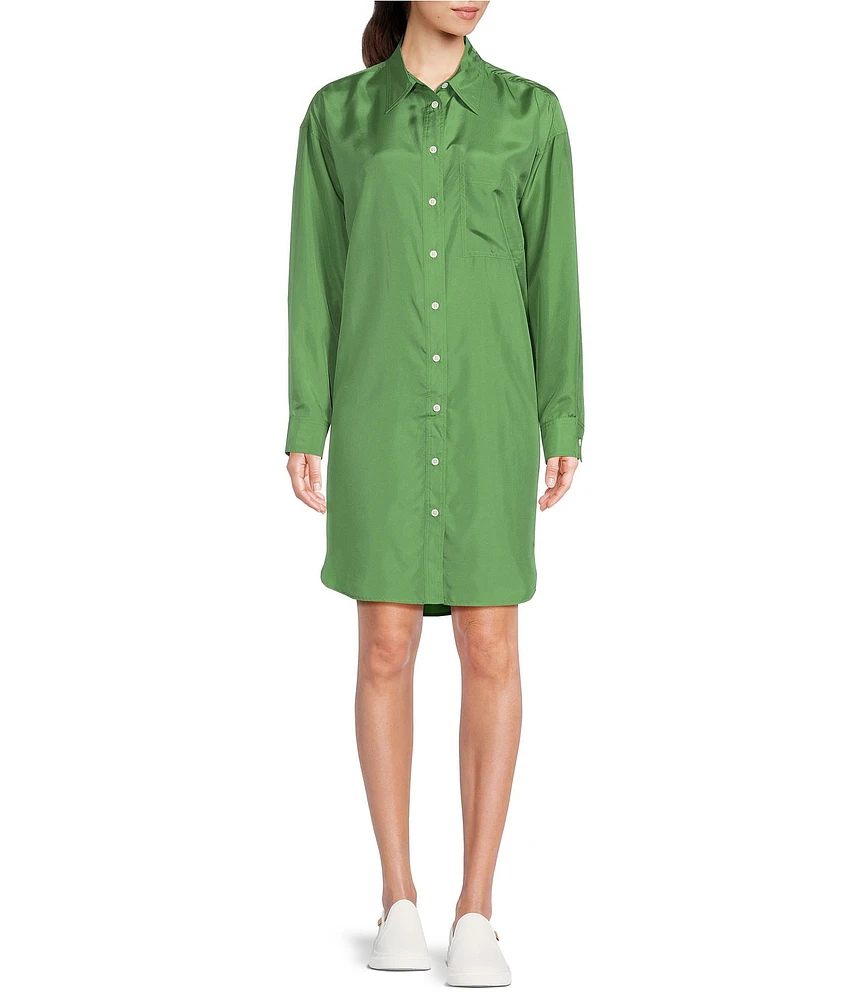 TILLEY Silk Point Collar Long Sleeve Button Front Shirt Dress