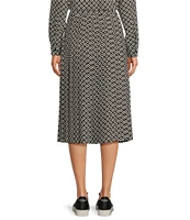 TILLEY Tech Silk Black Tile Print Pleated A-Line Midi Skirt