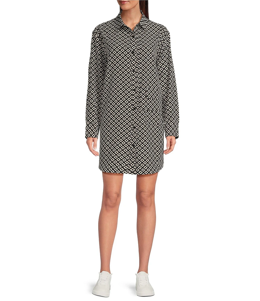 TILLEY Tech Silk Black Tile Print Point Collar Long Sleeve High-Low Hem Snap Front Shirt Dress