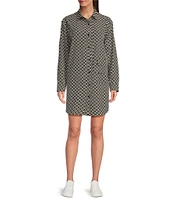 TILLEY Tech Silk Black Tile Print Point Collar Long Sleeve High-Low Hem Snap Front Shirt Dress