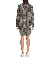 TILLEY Tech Silk Black Tile Print Point Collar Long Sleeve High-Low Hem Snap Front Shirt Dress