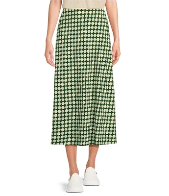 TILLEY Tech SLK Performance Silk-Like Woven Green Tile Print Midi A-Line Skirt