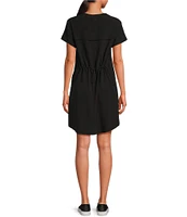 TILLEY Tech Stretch Woven Crew Neck Short Sleeve Bungee Cord Cinched Waist Curved Hem T-Shirt Dress