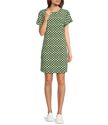 TILLEY Tech Stretch Woven Tile Crew Neck Short Sleeve Bungee Cord Cinched Waist Curved Hem T-Shirt Dress