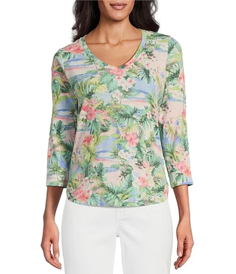 Tommy Bahama Ashby Isles Ocean Vida Tropical Printed Slub Rib V-Neck 3/4 Sleeve Tee