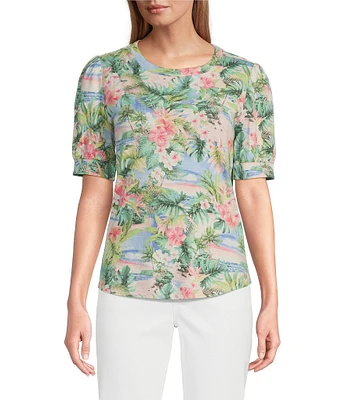 Tommy Bahama Ashby Isles Ocean Vida Tropical Printed Slub Rib V-Neck Short Puff Sleeve Top