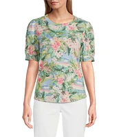 Tommy Bahama Ashby Isles Ocean Vida Tropical Printed Slub Rib V-Neck Short Puff Sleeve Top