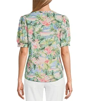 Tommy Bahama Ashby Isles Ocean Vida Tropical Printed Slub Rib V-Neck Short Puff Sleeve Top
