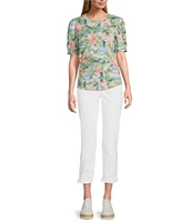 Tommy Bahama Ashby Isles Ocean Vida Tropical Printed Slub Rib V-Neck Short Puff Sleeve Top