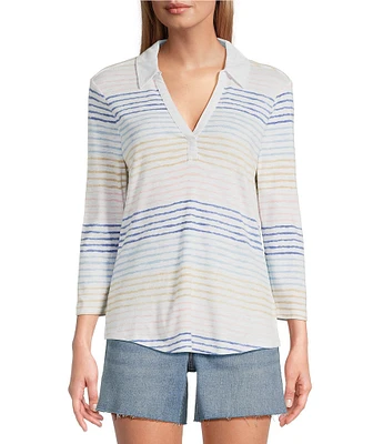 Tommy Bahama Ashby Isles Seabright Stripe Slub Rib Knit Johnny Collar 3/4 Sleeve Top