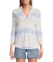 Tommy Bahama Ashby Isles Seabright Stripe Slub Rib Knit Johnny Collar 3/4 Sleeve Top