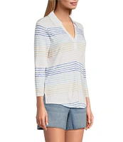 Tommy Bahama Ashby Isles Seabright Stripe Slub Rib Knit Johnny Collar 3/4 Sleeve Top