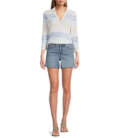 Tommy Bahama Ashby Isles Seabright Stripe Slub Rib Knit Johnny Collar 3/4 Sleeve Top