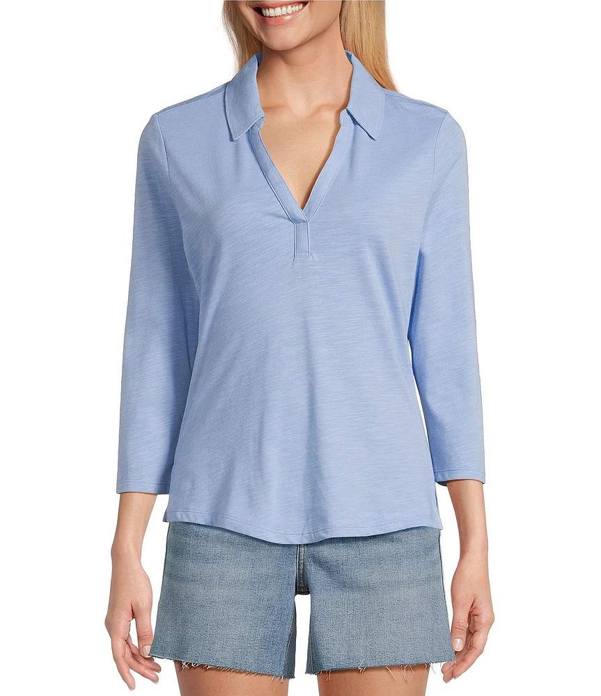 Tommy Bahama Ashby Isles Solid Stretch Jersey Johnny Collar V-Neck 3/4 Sleeve Fitted Top