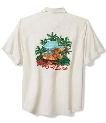 Tommy Bahama Big & Tall Embroidered Surf The Yule Tide Short Sleeve Silk Shirt