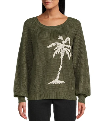 Tommy Bahama Breezy Palm Tree Crew Cotton Blend Pullover Statement Sweater Top