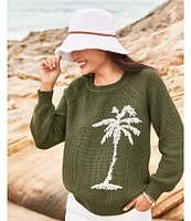 Tommy Bahama Breezy Palm Tree Crew Cotton Blend Pullover Statement Sweater Top