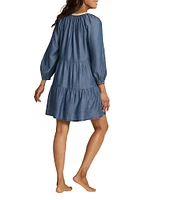 Tommy Bahama Chambray Embroidered Split V-Neck Long Sleeve Ruffle Tiered Hem Dress Swim Cover-Up