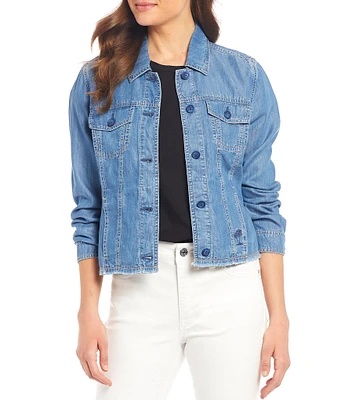 Tommy Bahama Chambray O'lei Cropped Frayed Hem Denim Jacket