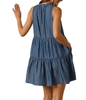 Tommy Bahama Chambray Split V-Neck Sleeveless Ruffle Tiered Hem Dress Swim Cover-Up