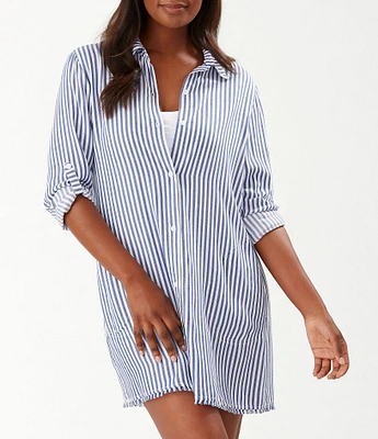 Tommy Bahama Chambray Stripe Boyfriend Shirt Swim Cover-Up