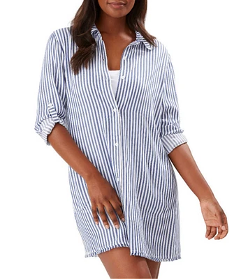 Tommy Bahama Chambray Stripe Boyfriend Shirt Swim Cover-Up