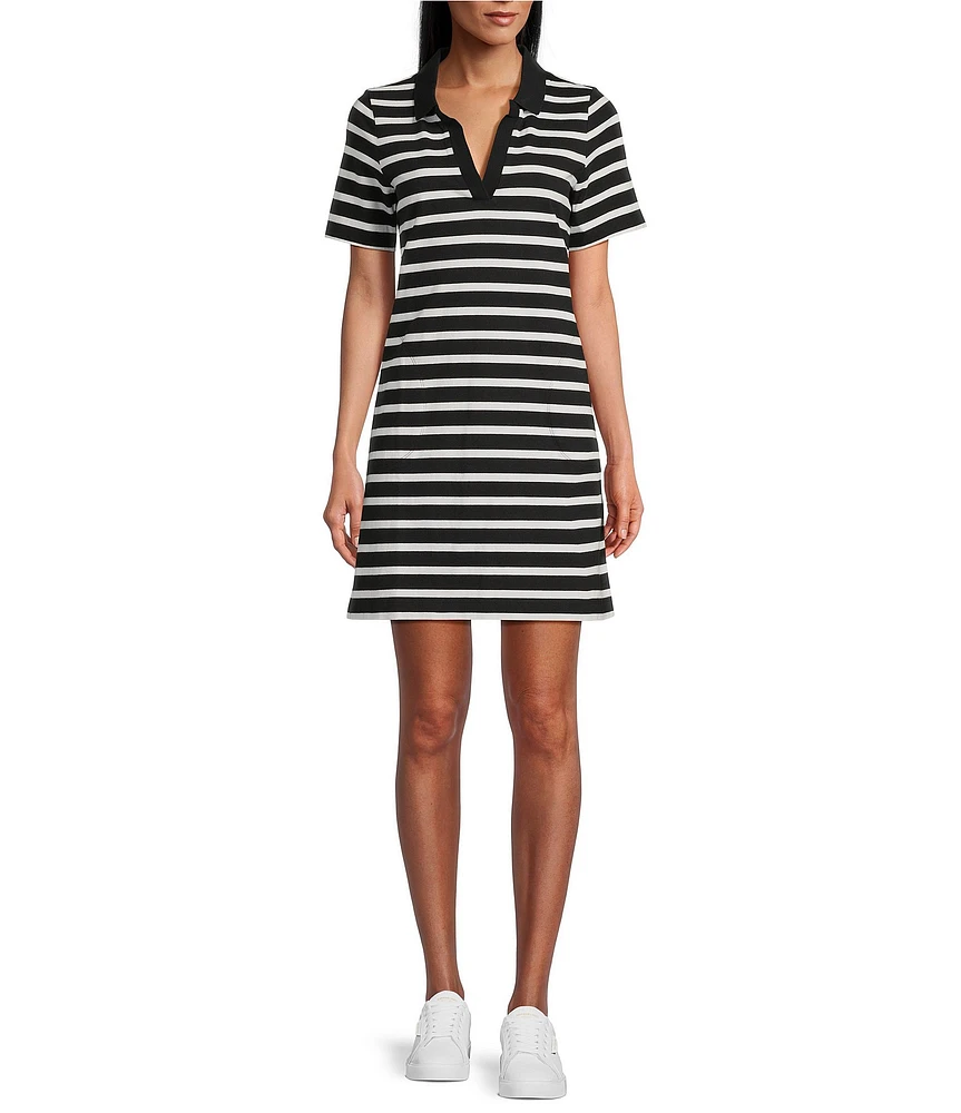 Tommy Bahama Coastal Cabana Horizontal Striped Jersey Collared Split-V Neck Short Sleeve Dress