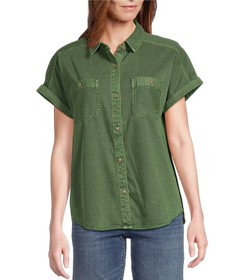 Tommy Bahama Coastal Twill Point Collar Short Sleeve Patch Pocket Contrast Stitch Shirt