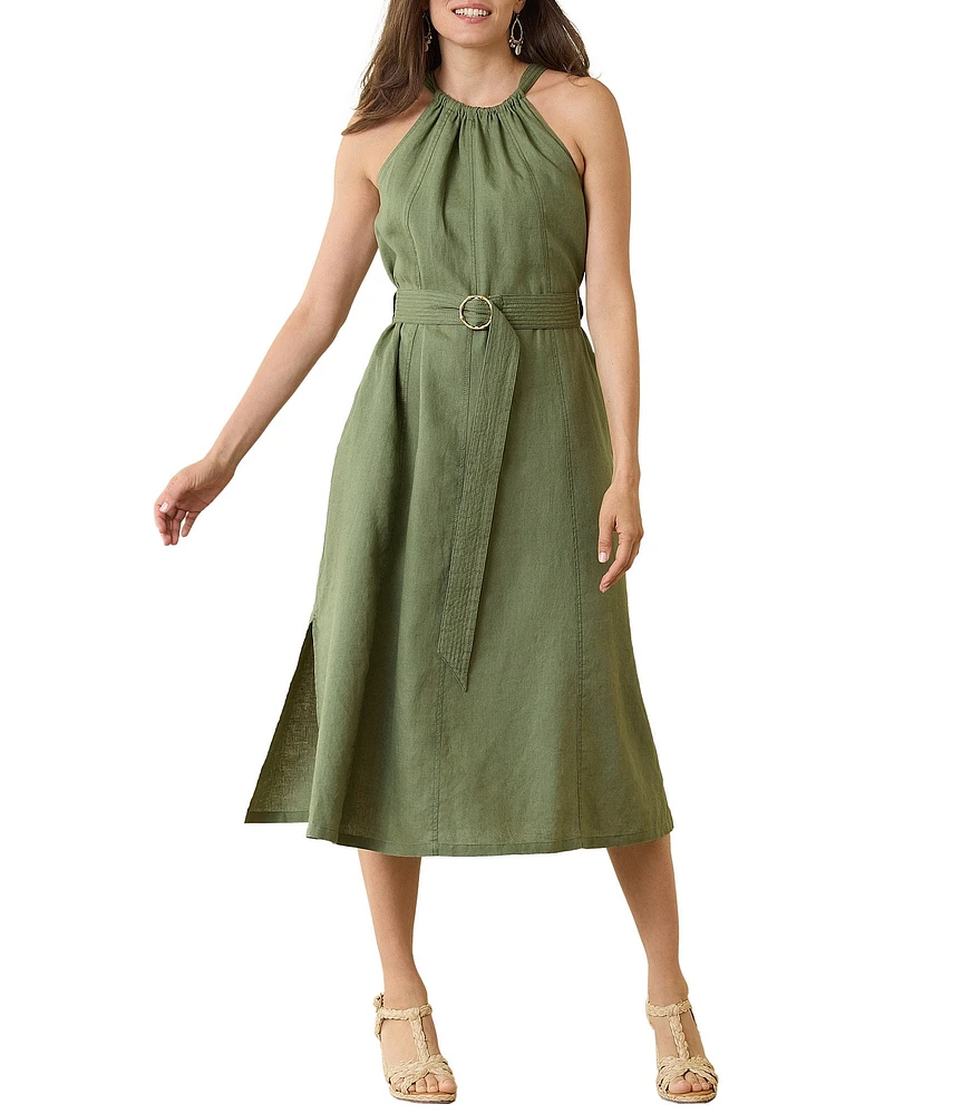 Tommy Bahama Coastalina Linen Tie-Back Halter Neck Sleeveless Gold Bamboo Belted A-Line Midi Dress