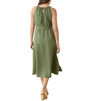 Tommy Bahama Coastalina Linen Tie-Back Halter Neck Sleeveless Gold Bamboo Belted A-Line Midi Dress