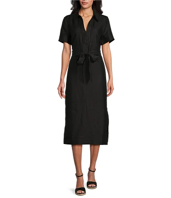 Tommy Bahama Coastalina Solid Cross Dyed Linen Plain Weave Point Collared Popover Midi Dress