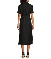 Tommy Bahama Coastalina Solid Cross Dyed Linen Plain Weave Point Collared Popover Midi Dress