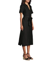 Tommy Bahama Coastalina Solid Cross Dyed Linen Plain Weave Point Collared Popover Midi Dress