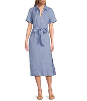 Tommy Bahama Coastalina Solid Cross Dyed Linen Plain Weave Point Collared Popover Midi Dress