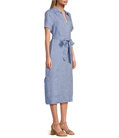 Tommy Bahama Coastalina Solid Cross Dyed Linen Plain Weave Point Collared Popover Midi Dress