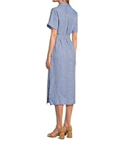 Tommy Bahama Coastalina Solid Cross Dyed Linen Plain Weave Point Collared Popover Midi Dress