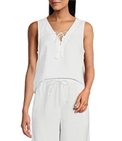 Tommy Bahama Coastalina Solid Linen Plain Weave V-Neck Sleeveless Tassel Tie Tank